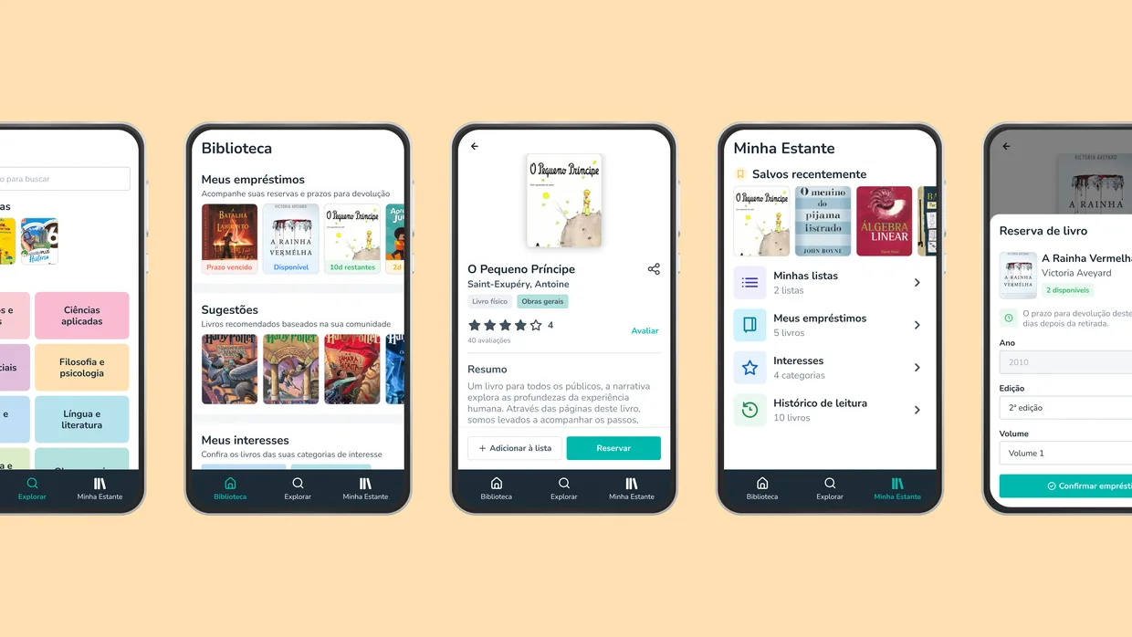 Cinco telas do aplicativo Biblioteca App