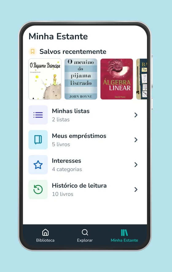 Minha estante com listas, empréstimos e histórico