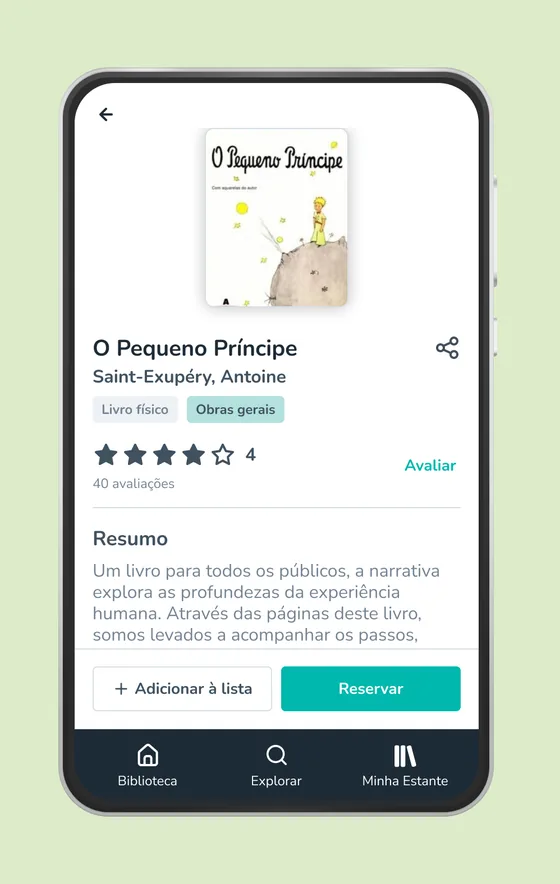 Detalhe do livro com resumo, avaliação e reserva