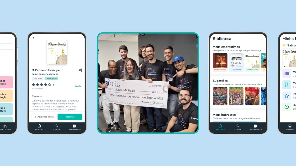 O time com o cheque de primeiro lugar do hackathon, entre duas telas do aplicativo