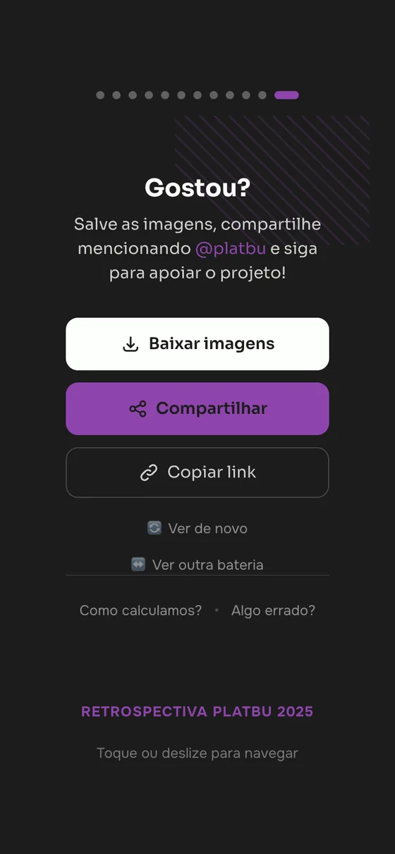 Última tela, com baixar imagens, compartilhar, copiar link, ver de novo, ver outra bateria, como calculamos e algo errado